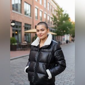 AQUA Black Puffer Faux Fur Sherpa Bomber Jacket L Women Lagenlook Grunge Casual